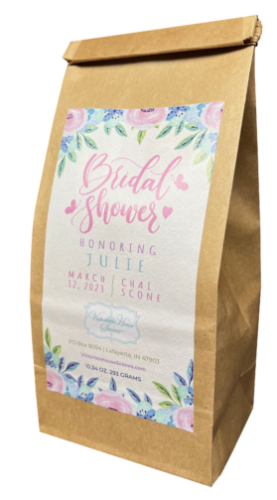 Kraft colored bag of scone mix, showing custom label for bridal shower favors.