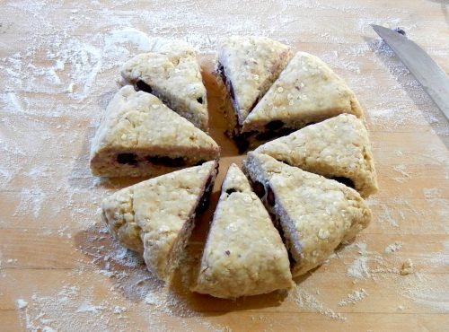 Cut Oatmeal Blueberry Scones prior to freezing scone dough